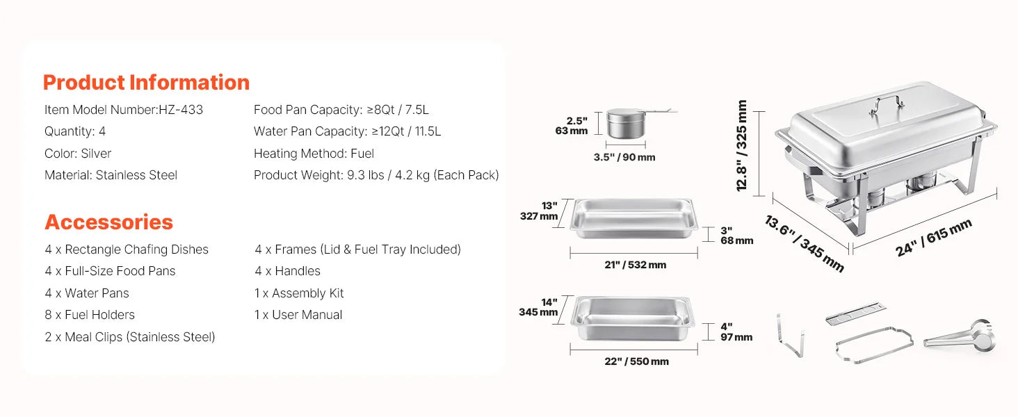 SucceBuy 8 Qt 4 Pack Chafing Dish Buffet Set Stainless Steel Chafer with 2 Full Size and 4 Half Size Pans Catering Warmer Server - Merit Sell