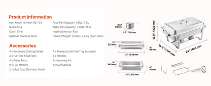 SucceBuy 8 Qt 4 Pack Chafing Dish Buffet Set Stainless Steel Chafer with 2 Full Size and 4 Half Size Pans Catering Warmer Server - Merit Sell
