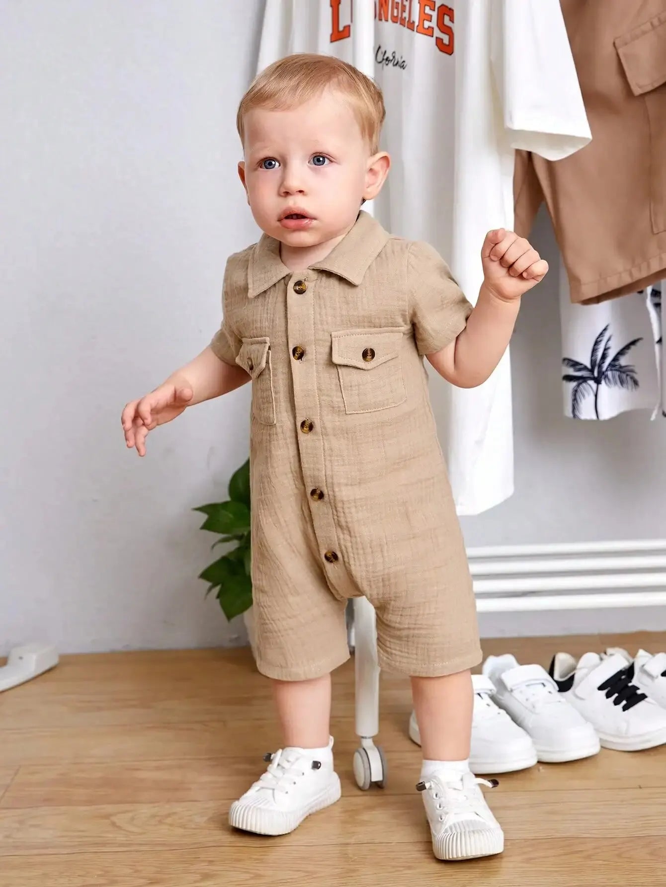 Summer Baby Boy Outdoor Fashion Casual Comfortable Single-breasted Shirt Collar Pocket Khaki Short-sleeved Jumpsuit Company - Merit Sell