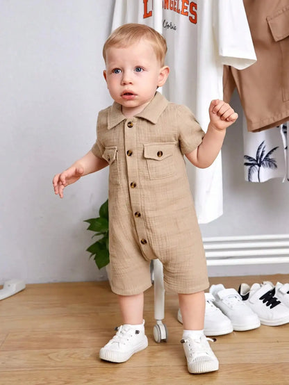 Summer Baby Boy Outdoor Fashion Casual Comfortable Single-breasted Shirt Collar Pocket Khaki Short-sleeved Jumpsuit Company - Merit Sell