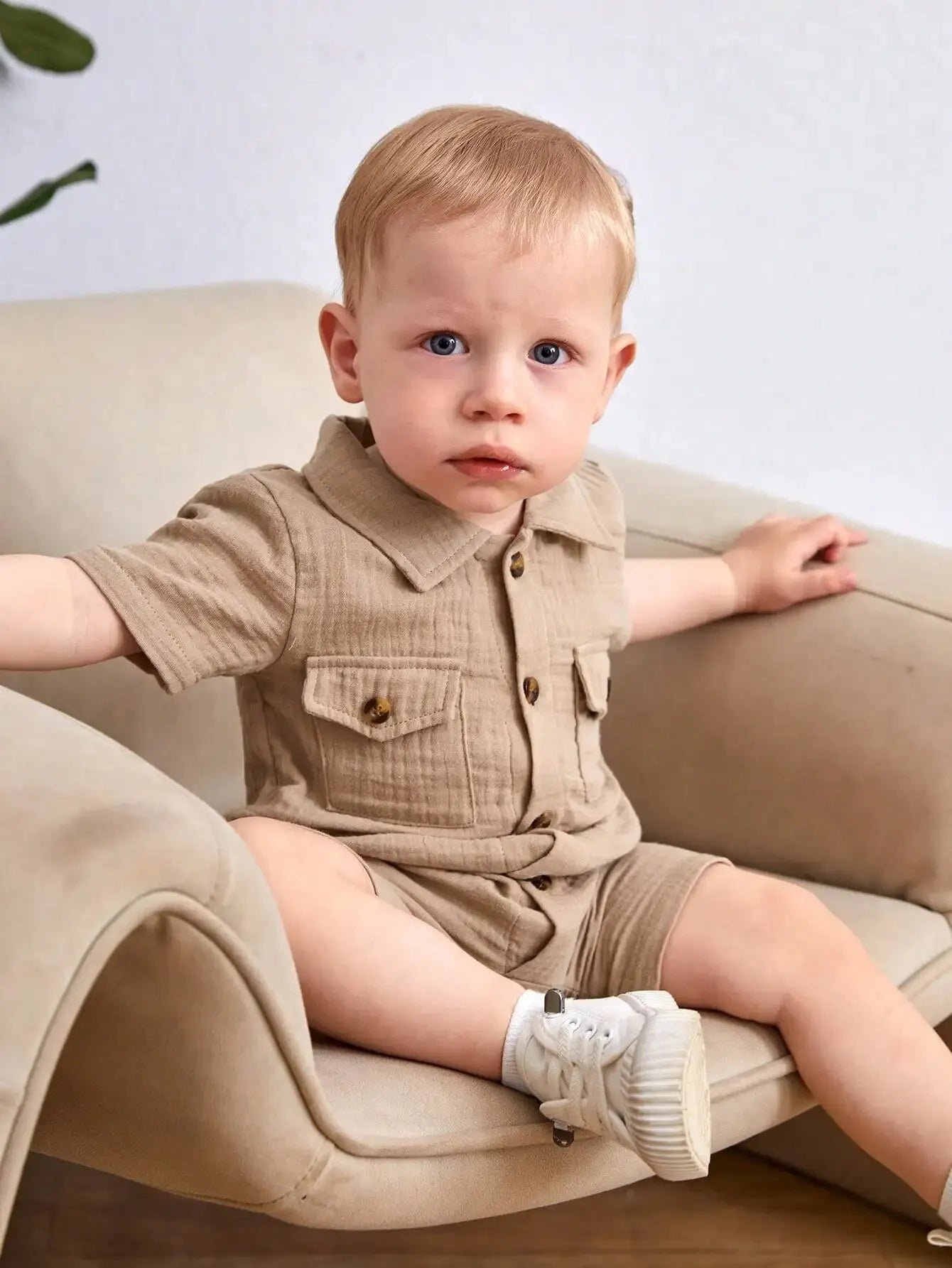 Summer Baby Boy Outdoor Fashion Casual Comfortable Single-breasted Shirt Collar Pocket Khaki Short-sleeved Jumpsuit Company - Merit Sell