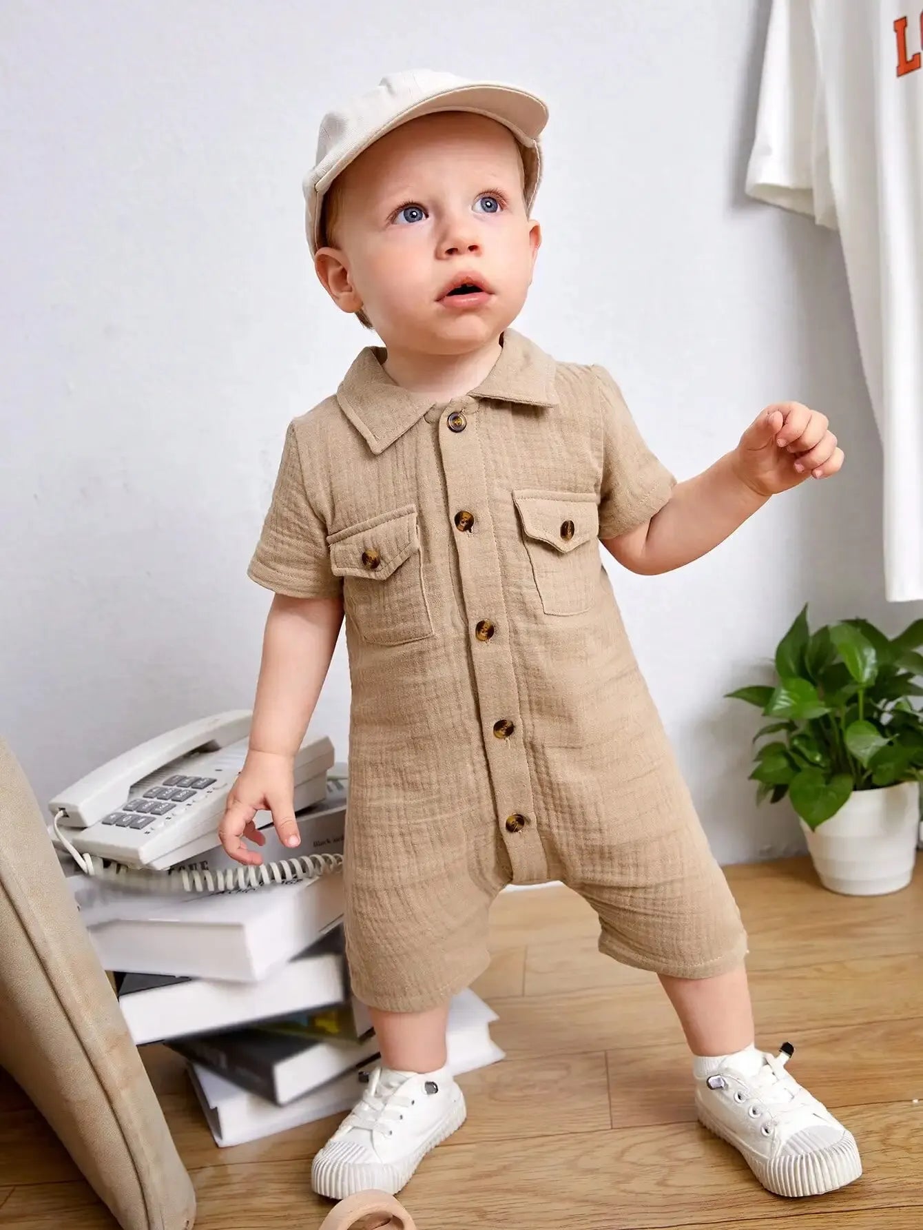 Summer Baby Boy Outdoor Fashion Casual Comfortable Single-breasted Shirt Collar Pocket Khaki Short-sleeved Jumpsuit Company - Merit Sell