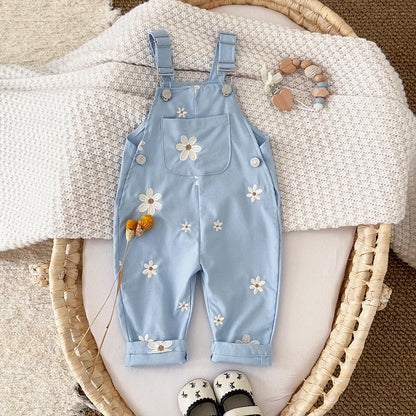 Summer Hot Baby Suspender Pants Sleeveless Flower Embroidery Loose Overalls Romper Girls Jumpsuits Boys Clothes with Pockets - Merit Sell