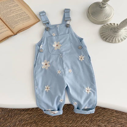 Summer Hot Baby Suspender Pants Sleeveless Flower Embroidery Loose Overalls Romper Girls Jumpsuits Boys Clothes with Pockets - Merit Sell