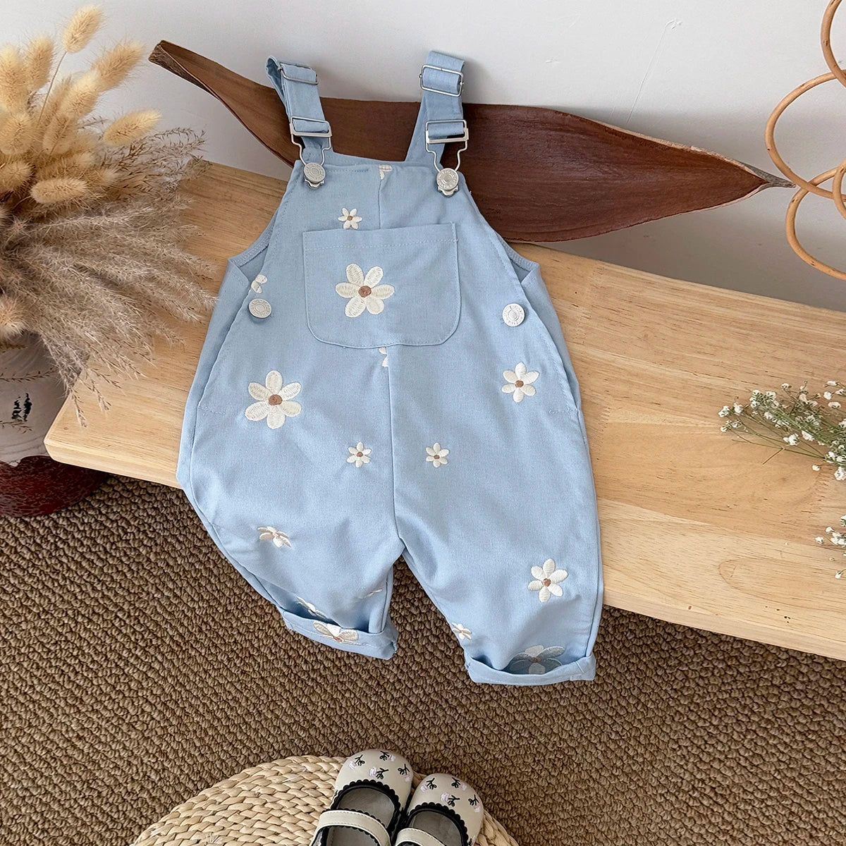 Summer Hot Baby Suspender Pants Sleeveless Flower Embroidery Loose Overalls Romper Girls Jumpsuits Boys Clothes with Pockets - Merit Sell