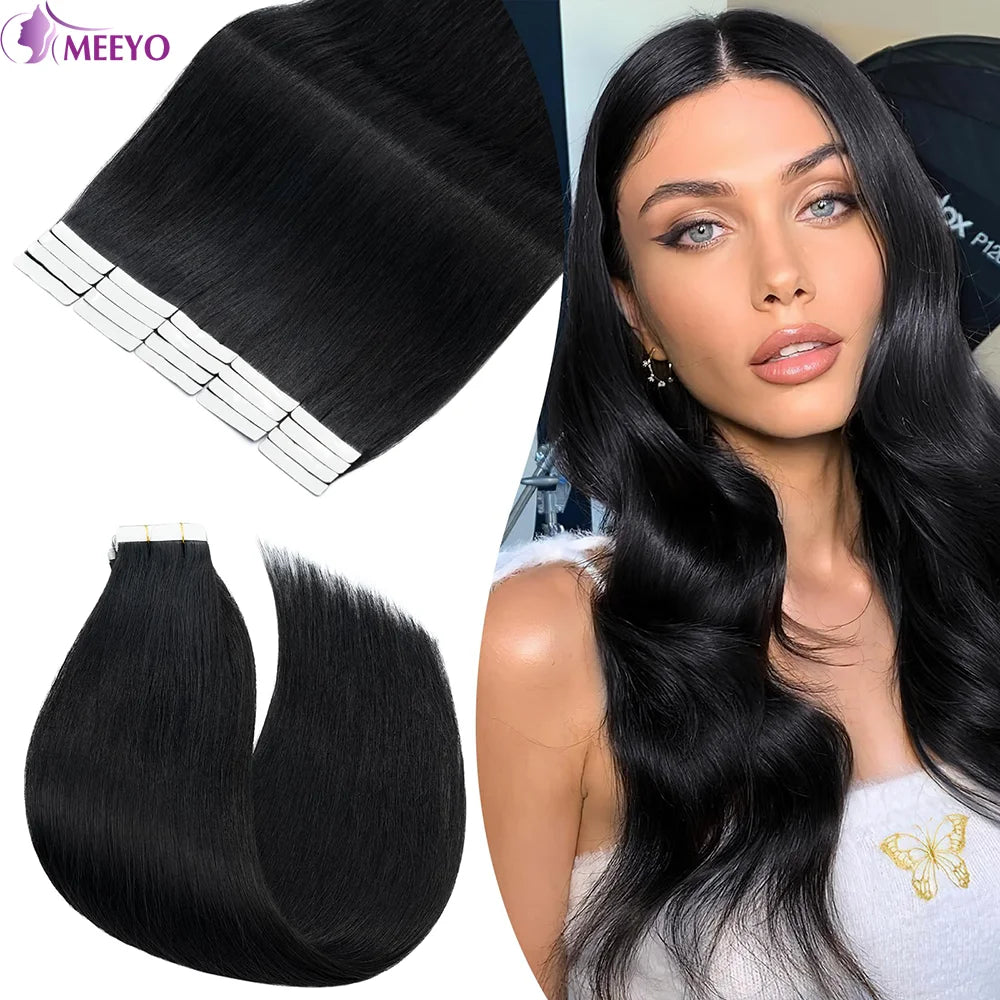 Tape In Hair Extensions Straight Brazilian Remy Human Hair Extensions Natural Black 20Pcs 50G/Pack Adhesive Invisible For Women - Merit Sell