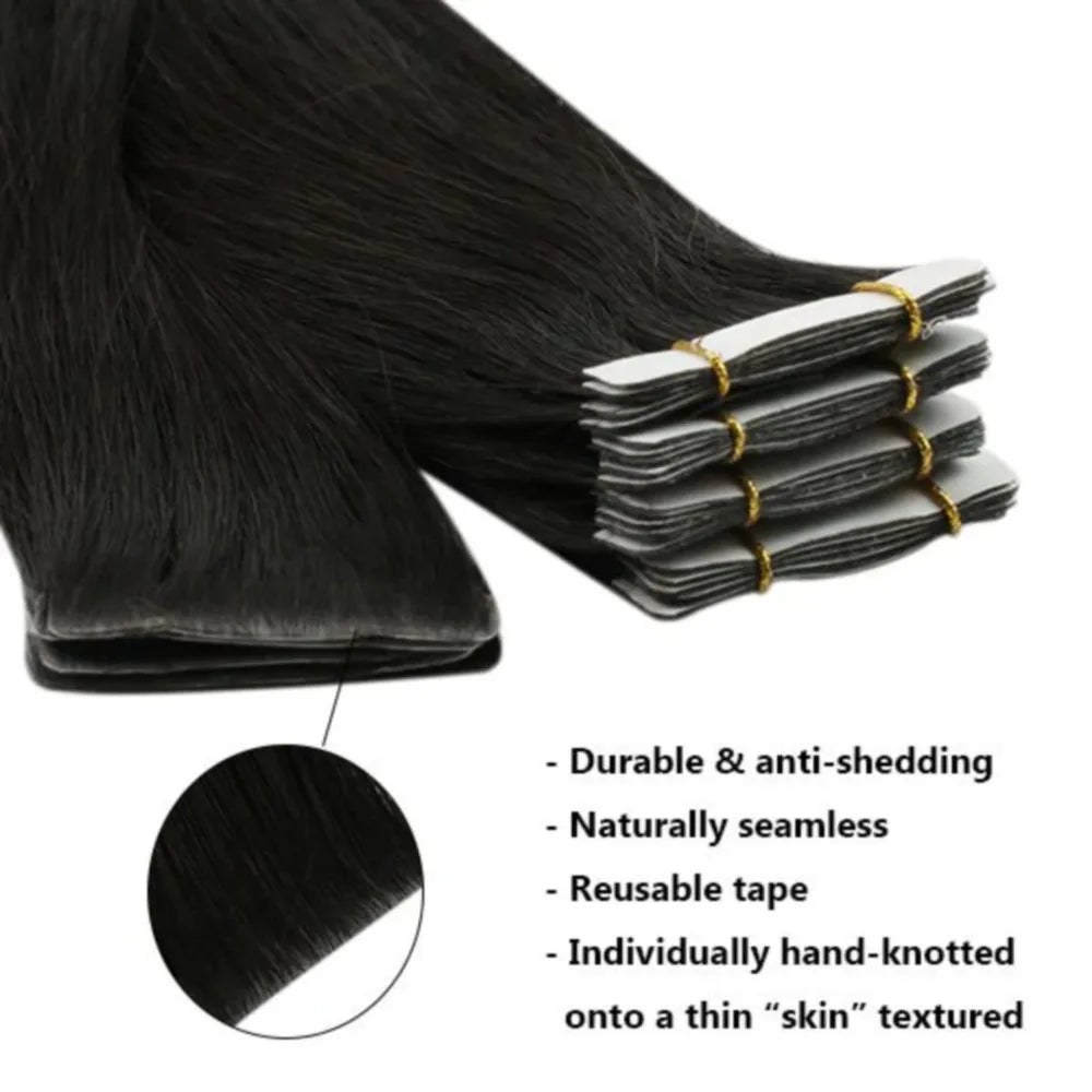 Tape In Hair Extensions Straight Brazilian Remy Human Hair Extensions Natural Black 20Pcs 50G/Pack Adhesive Invisible For Women - Merit Sell