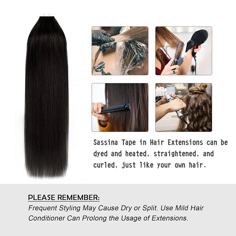 Tape In Hair Extensions Straight Brazilian Remy Human Hair Extensions Natural Black 20Pcs 50G/Pack Adhesive Invisible For Women - Merit Sell