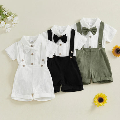 Toddler Baby Boy Gentleman Outfit Solid Color Short Sleeve Lapel Neck Romper with Suspender Shorts and Bowtie 3 Pcs Set - Merit Sell