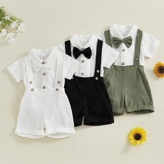 Toddler Baby Boy Gentleman Outfit Solid Color Short Sleeve Lapel Neck Romper with Suspender Shorts and Bowtie 3 Pcs Set - Merit Sell