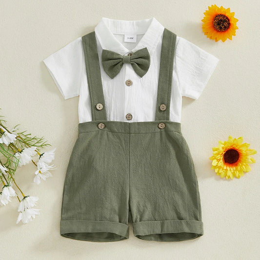 Toddler Baby Boy Gentleman Outfit Solid Color Short Sleeve Lapel Neck Romper with Suspender Shorts and Bowtie 3 Pcs Set - Merit Sell