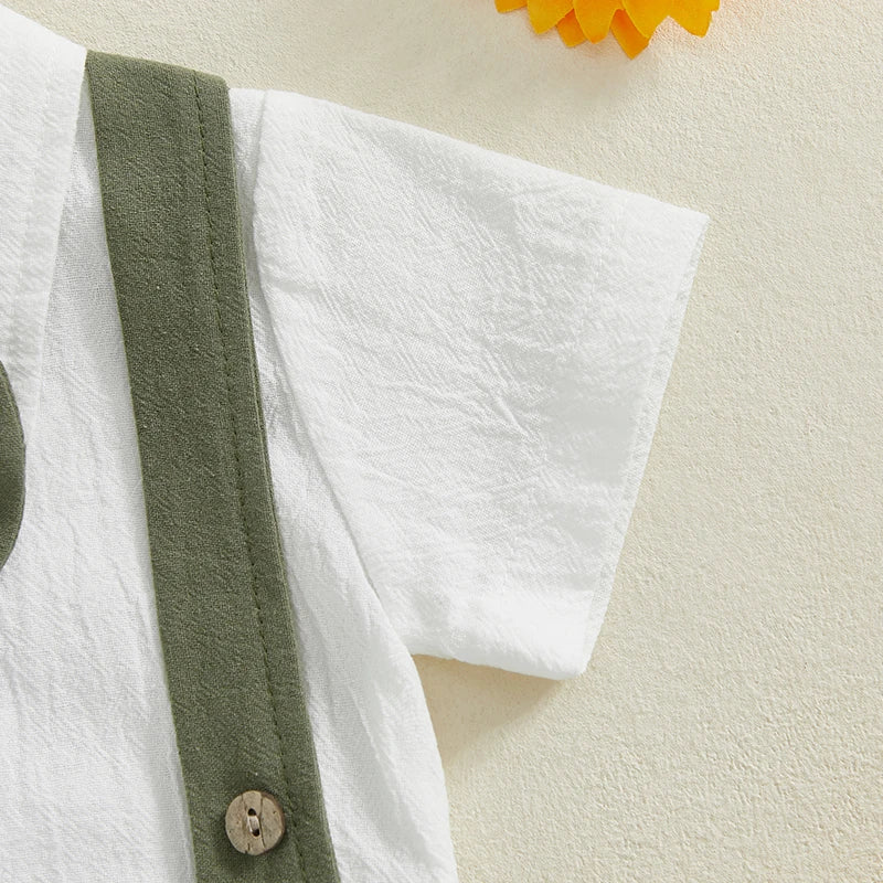 Toddler Baby Boy Gentleman Outfit Solid Color Short Sleeve Lapel Neck Romper with Suspender Shorts and Bowtie 3 Pcs Set - Merit Sell