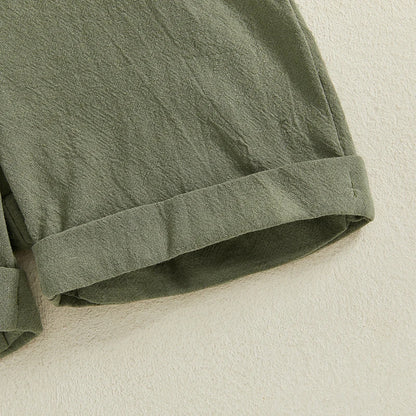 Toddler Baby Boy Gentleman Outfit Solid Color Short Sleeve Lapel Neck Romper with Suspender Shorts and Bowtie 3 Pcs Set - Merit Sell