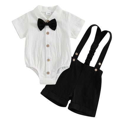 Toddler Baby Boy Gentleman Outfit Solid Color Short Sleeve Lapel Neck Romper with Suspender Shorts and Bowtie 3 Pcs Set - Merit Sell
