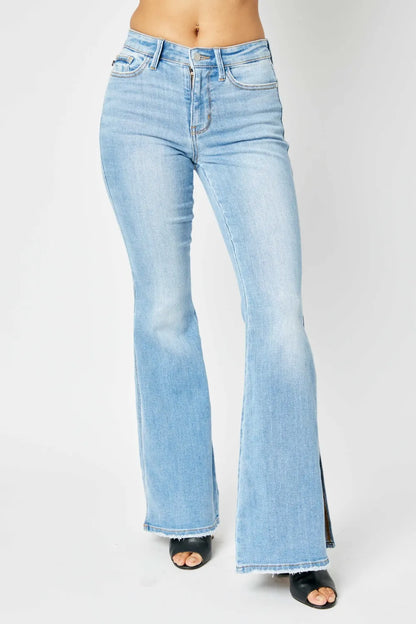 Trendsi Raw Hem Slit Flare Denim Jeans Light Wash - Merit Sell