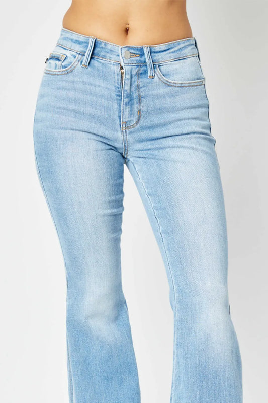 Trendsi Raw Hem Slit Flare Denim Jeans Light Wash - Merit Sell