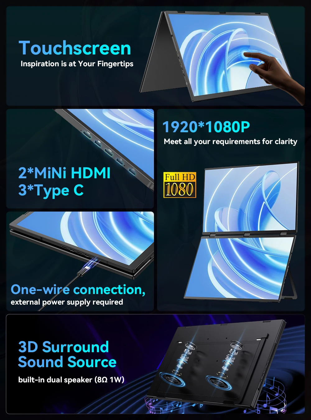 UPERFECT 18.5”100HZ Delta Portable Dual TouchScreen Monitor FHD HDR 360°Rotation Folding Triple Screen Laptop Display Extender - Merit Sell