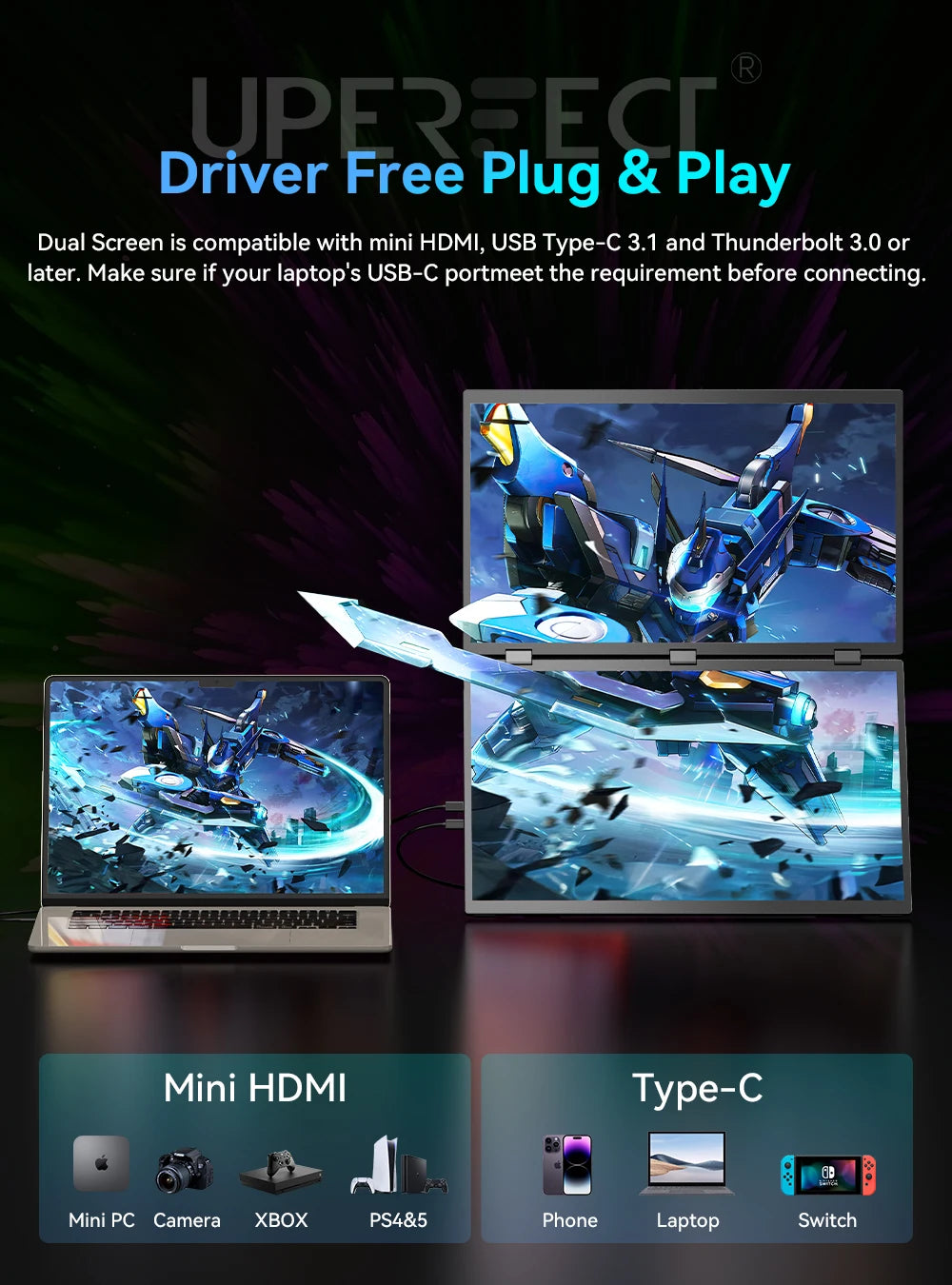 UPERFECT 18.5”100HZ Delta Portable Dual TouchScreen Monitor FHD HDR 360°Rotation Folding Triple Screen Laptop Display Extender - Merit Sell