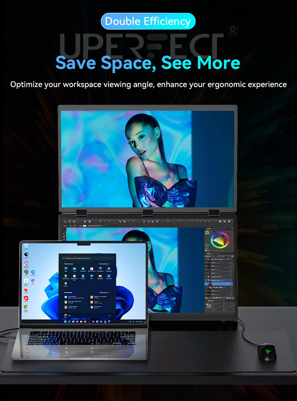 UPERFECT 18.5”100HZ Delta Portable Dual TouchScreen Monitor FHD HDR 360°Rotation Folding Triple Screen Laptop Display Extender - Merit Sell