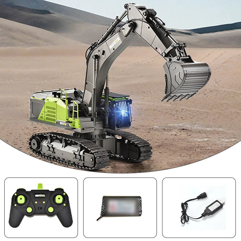 US Stock HUINA 1593 RC Excavator Rotation Alloy Green 1/14 22CH Remote Control Truck Screw Drive Double Track Engineering Toys - Merit Sell
