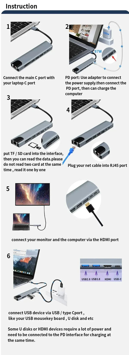 USB C HUB Type C Splitter Thunderbolt 3 Docking Station Laptop Adapter With For Macbook Air M1 iPad Pro - Merit Sell