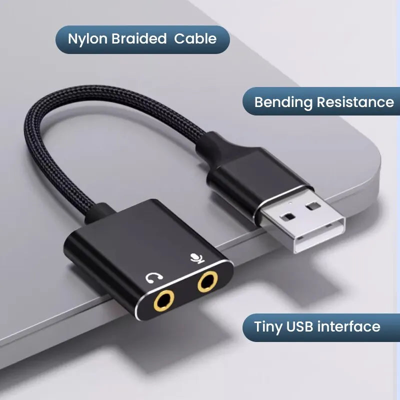 USB Sound Card Adapter with 3.5mm Headphone and Microphone Jack Braided Cable External USB Audio Adapter for Windows Mac Laptop - Merit Sell