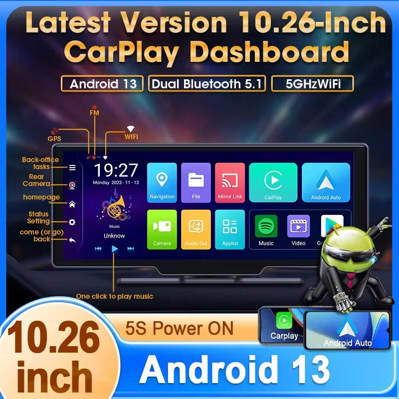 Universal 10.26" Portable 4K Car Dash Cam Android 13 System Wireless Carplay&Android Auto 5G WIFI GPS BT AUX FM Camera Recorder - Merit Sell