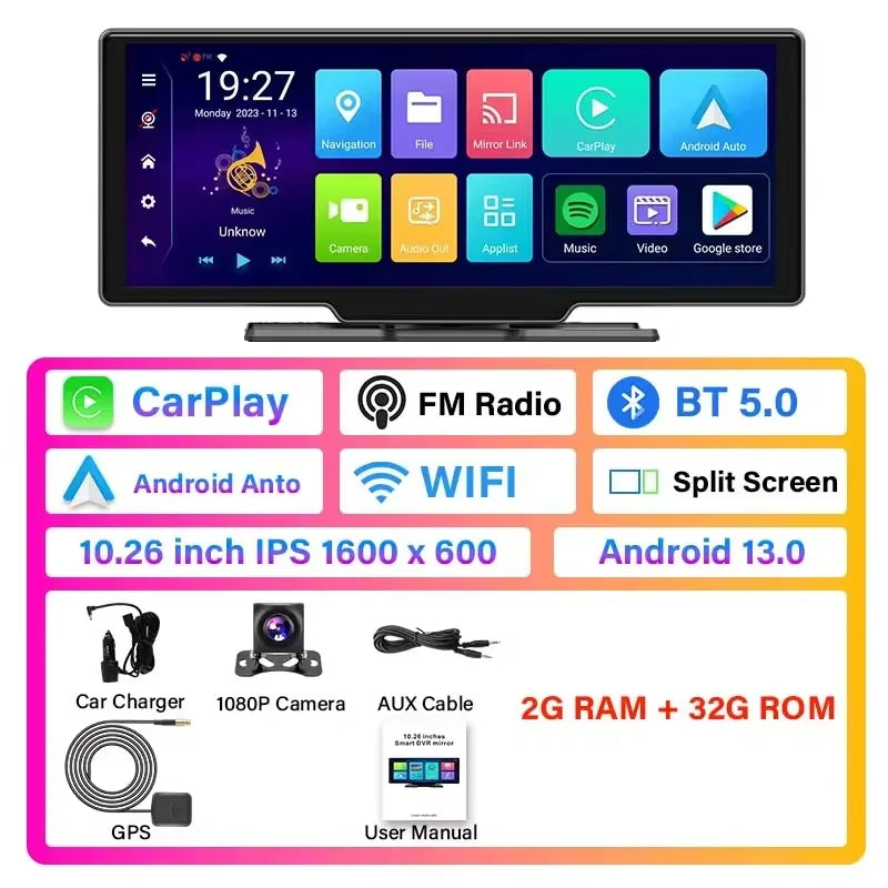 Universal 10.26" Portable 4K Car Dash Cam Android 13 System Wireless Carplay&Android Auto 5G WIFI GPS BT AUX FM Camera Recorder - Merit Sell