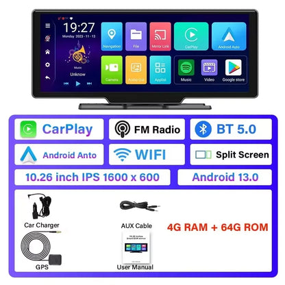 Universal 10.26" Portable 4K Car Dash Cam Android 13 System Wireless Carplay&Android Auto 5G WIFI GPS BT AUX FM Camera Recorder - Merit Sell
