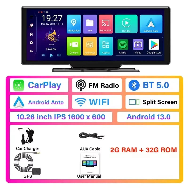 Universal 10.26" Portable 4K Car Dash Cam Android 13 System Wireless Carplay&Android Auto 5G WIFI GPS BT AUX FM Camera Recorder - Merit Sell