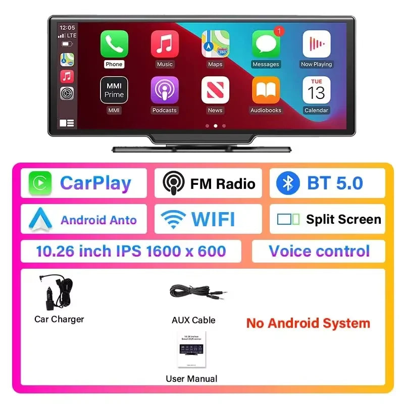 Universal 10.26" Portable 4K Car Dash Cam Android 13 System Wireless Carplay&Android Auto 5G WIFI GPS BT AUX FM Camera Recorder - Merit Sell