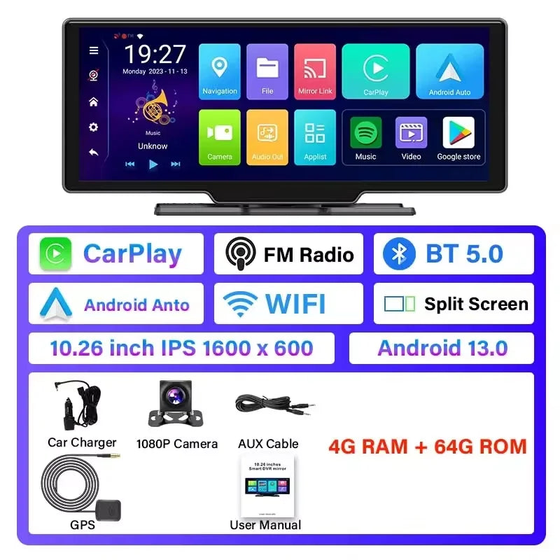 Universal 10.26" Portable 4K Car Dash Cam Android 13 System Wireless Carplay&Android Auto 5G WIFI GPS BT AUX FM Camera Recorder - Merit Sell