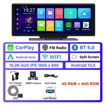 Universal 10.26" Portable 4K Car Dash Cam Android 13 System Wireless Carplay&Android Auto 5G WIFI GPS BT AUX FM Camera Recorder - Merit Sell