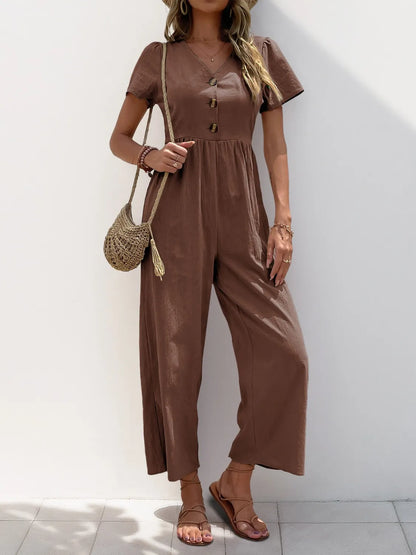 V-Neck Short Sleeve Wide Leg Jumpsuit - Merit Sell