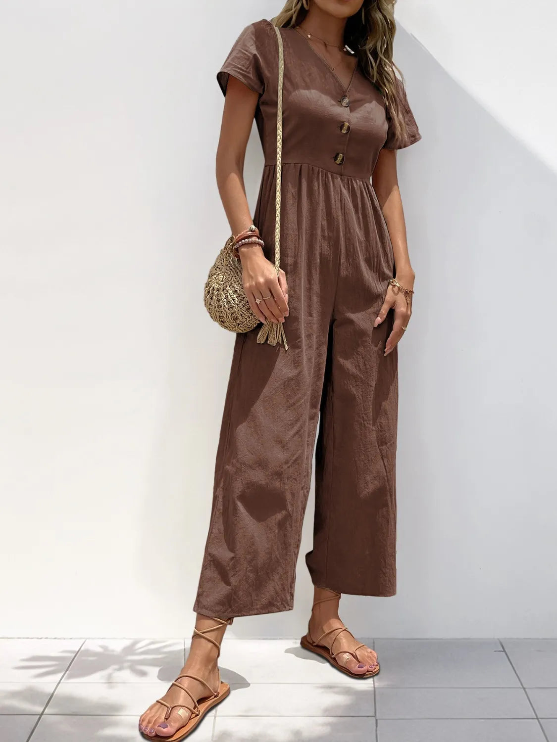 V-Neck Short Sleeve Wide Leg Jumpsuit - Merit Sell