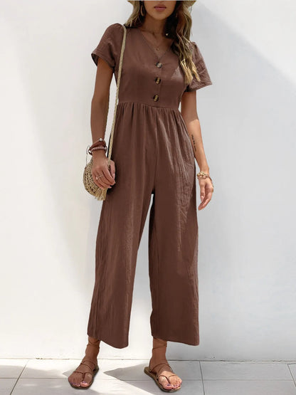 V-Neck Short Sleeve Wide Leg Jumpsuit - Merit Sell