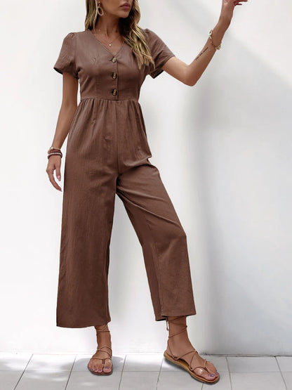 V-Neck Short Sleeve Wide Leg Jumpsuit - Merit Sell