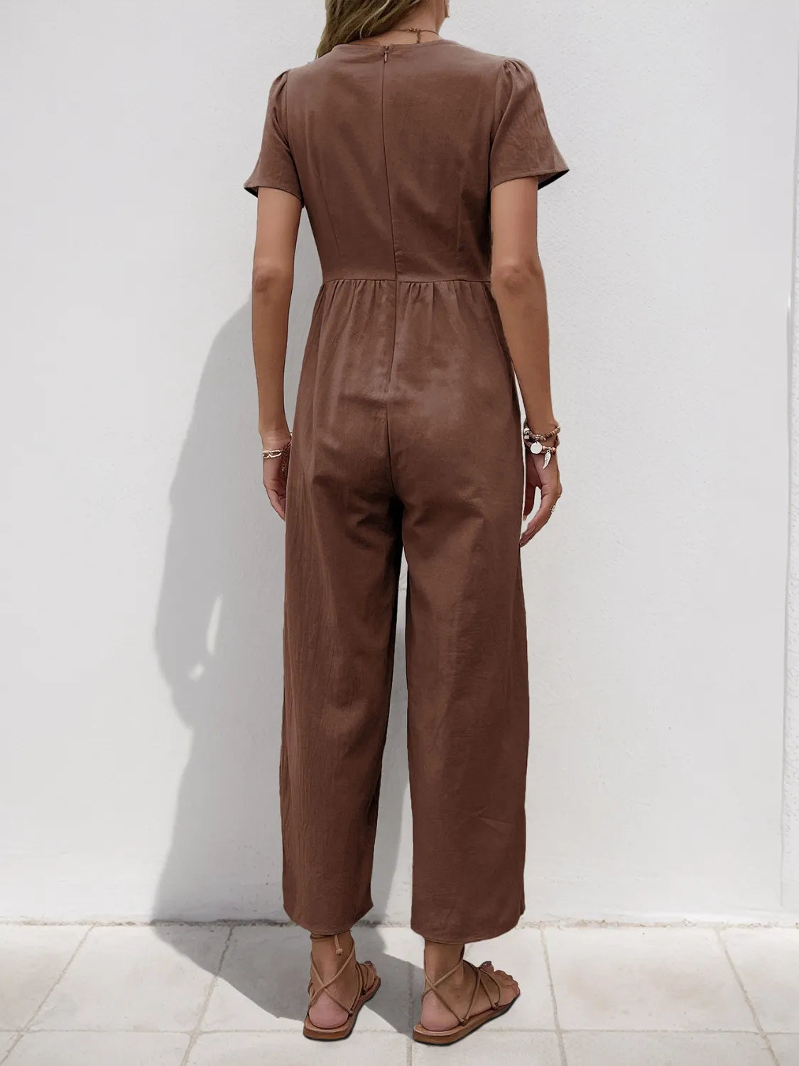V-Neck Short Sleeve Wide Leg Jumpsuit - Merit Sell