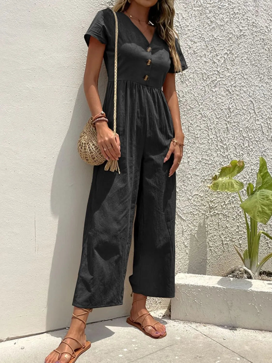 V-Neck Short Sleeve Wide Leg Jumpsuit - Merit Sell
