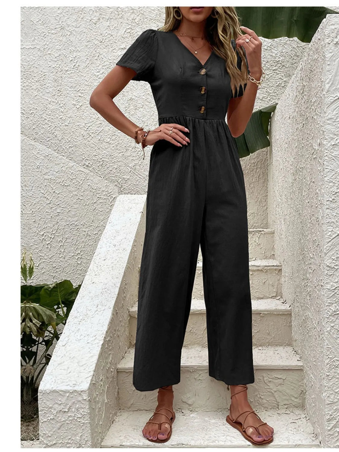 V-Neck Short Sleeve Wide Leg Jumpsuit - Merit Sell
