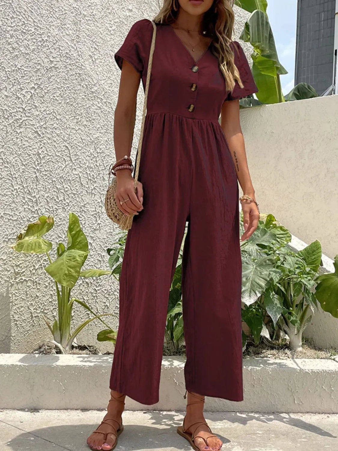 V-Neck Short Sleeve Wide Leg Jumpsuit - Merit Sell