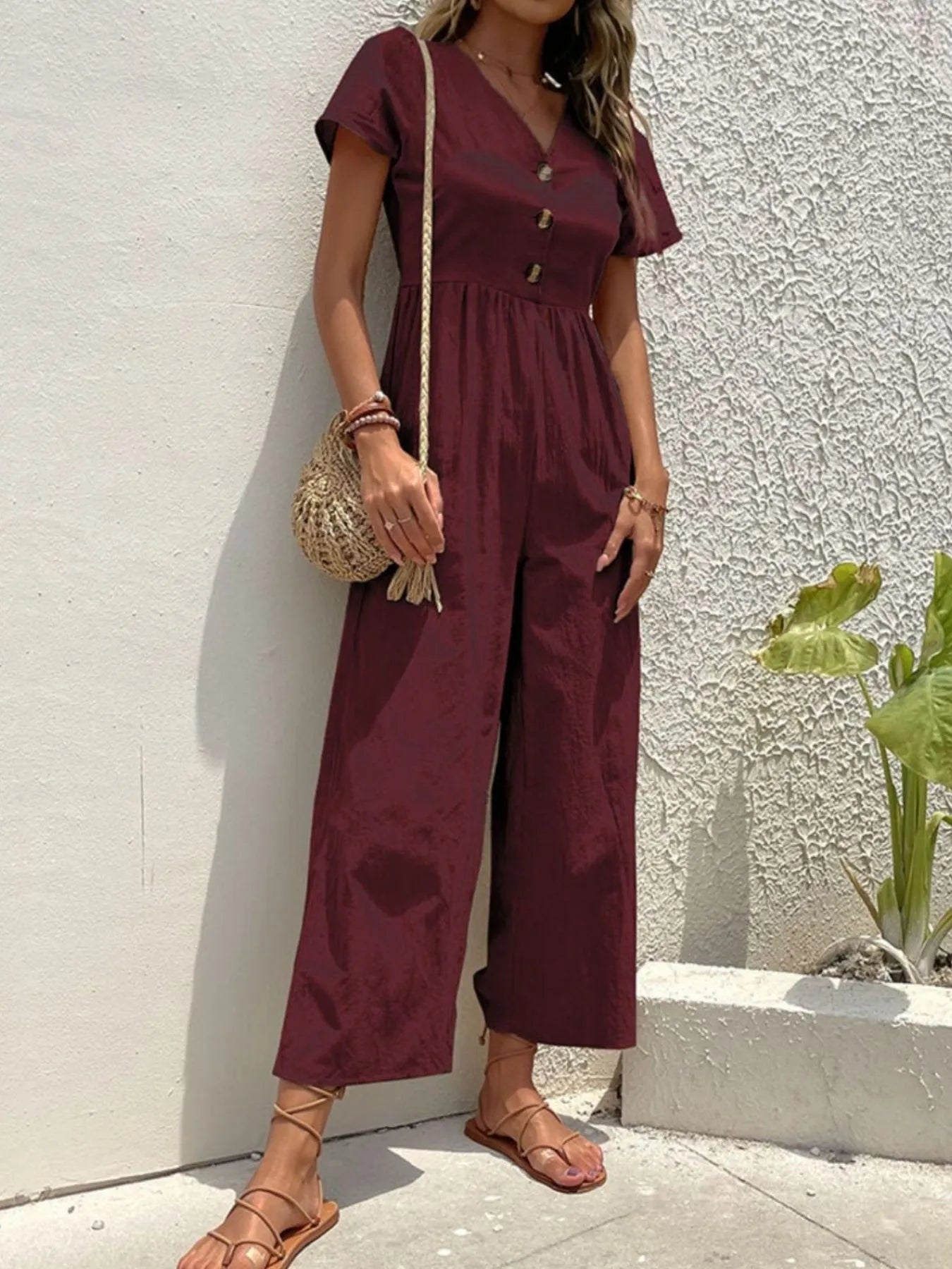 V-Neck Short Sleeve Wide Leg Jumpsuit - Merit Sell