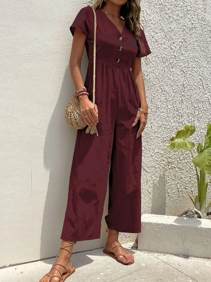 V-Neck Short Sleeve Wide Leg Jumpsuit - Merit Sell