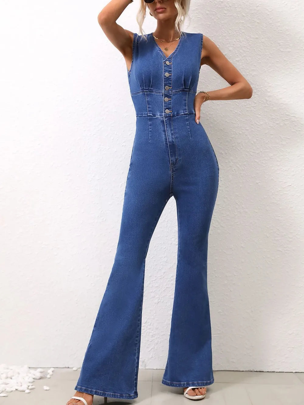 V-Neck Sleeveless Denim Jumpsuit - Merit Sell