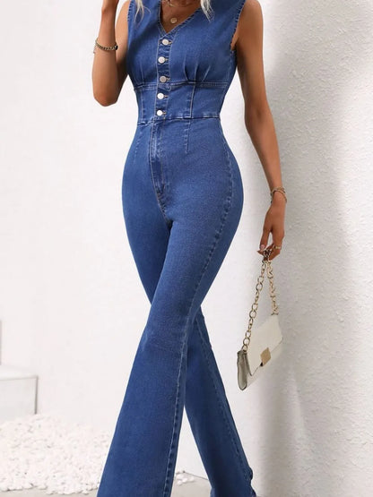V-Neck Sleeveless Denim Jumpsuit - Merit Sell