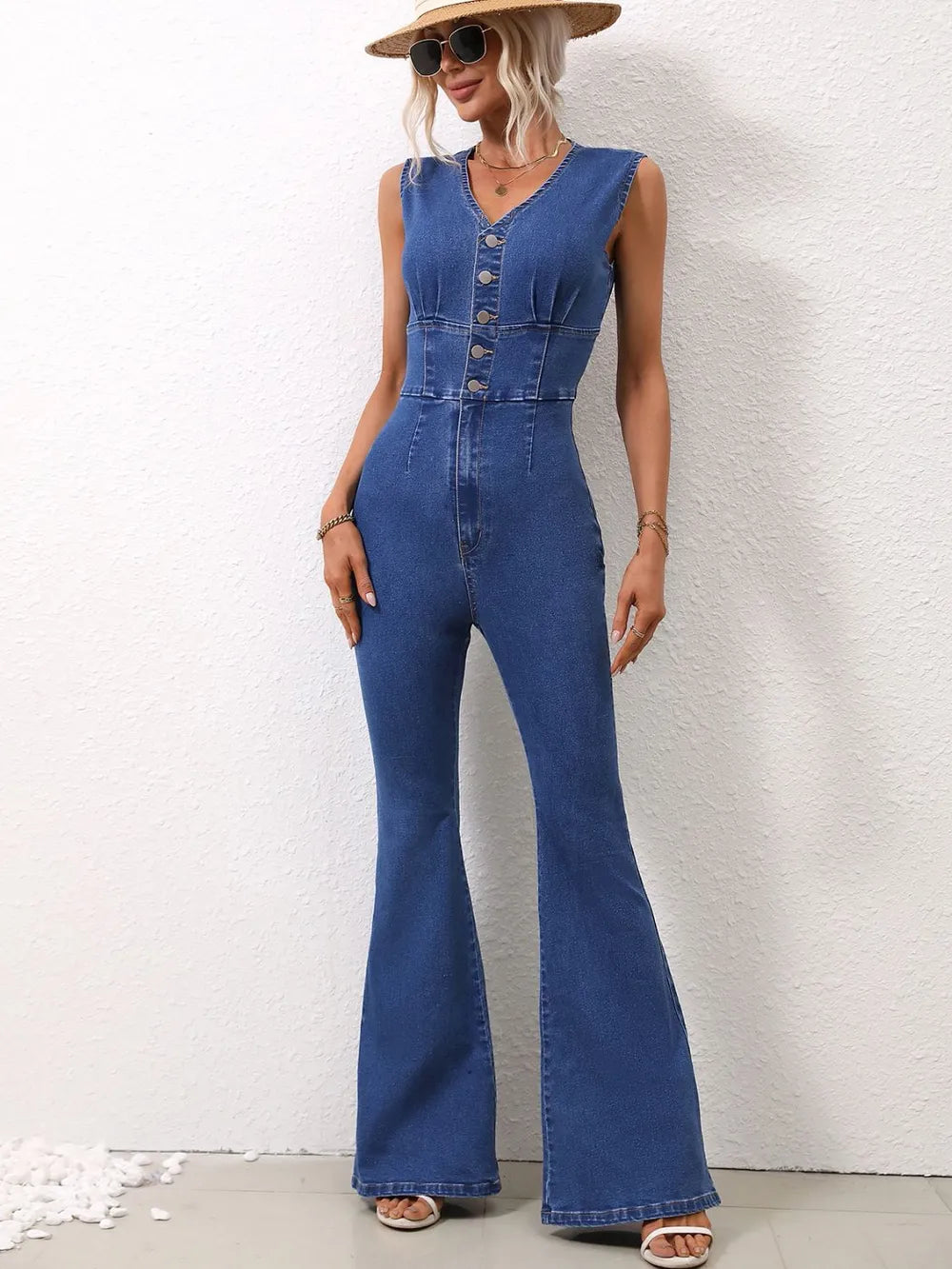 V-Neck Sleeveless Denim Jumpsuit - Merit Sell