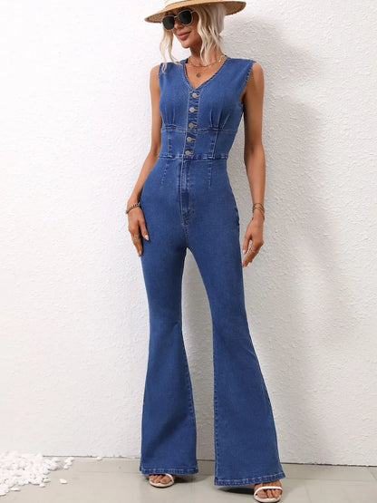 V-Neck Sleeveless Denim Jumpsuit - Merit Sell