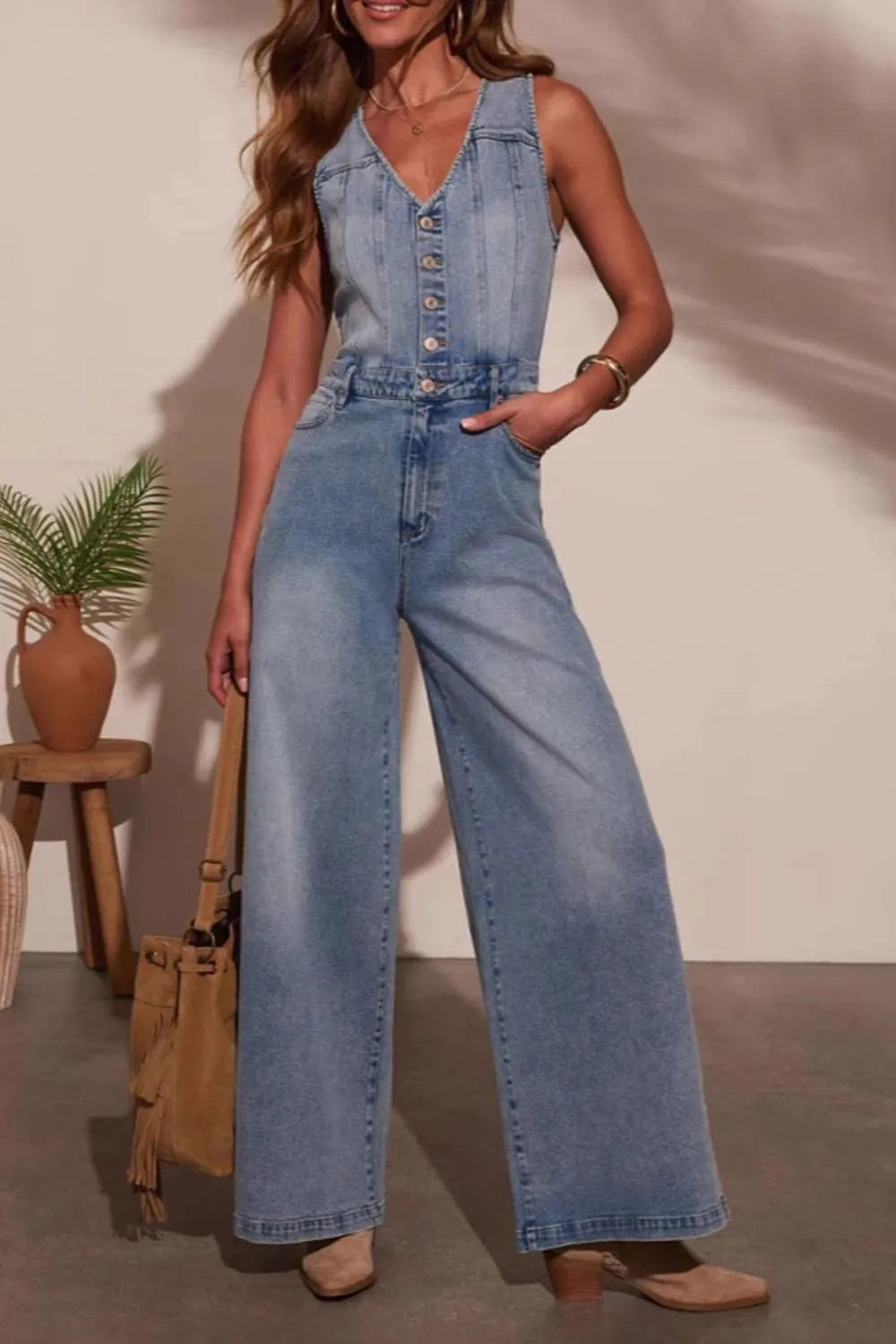 V-neck Wide Leg Denim Jumpsuit - Merit Sell