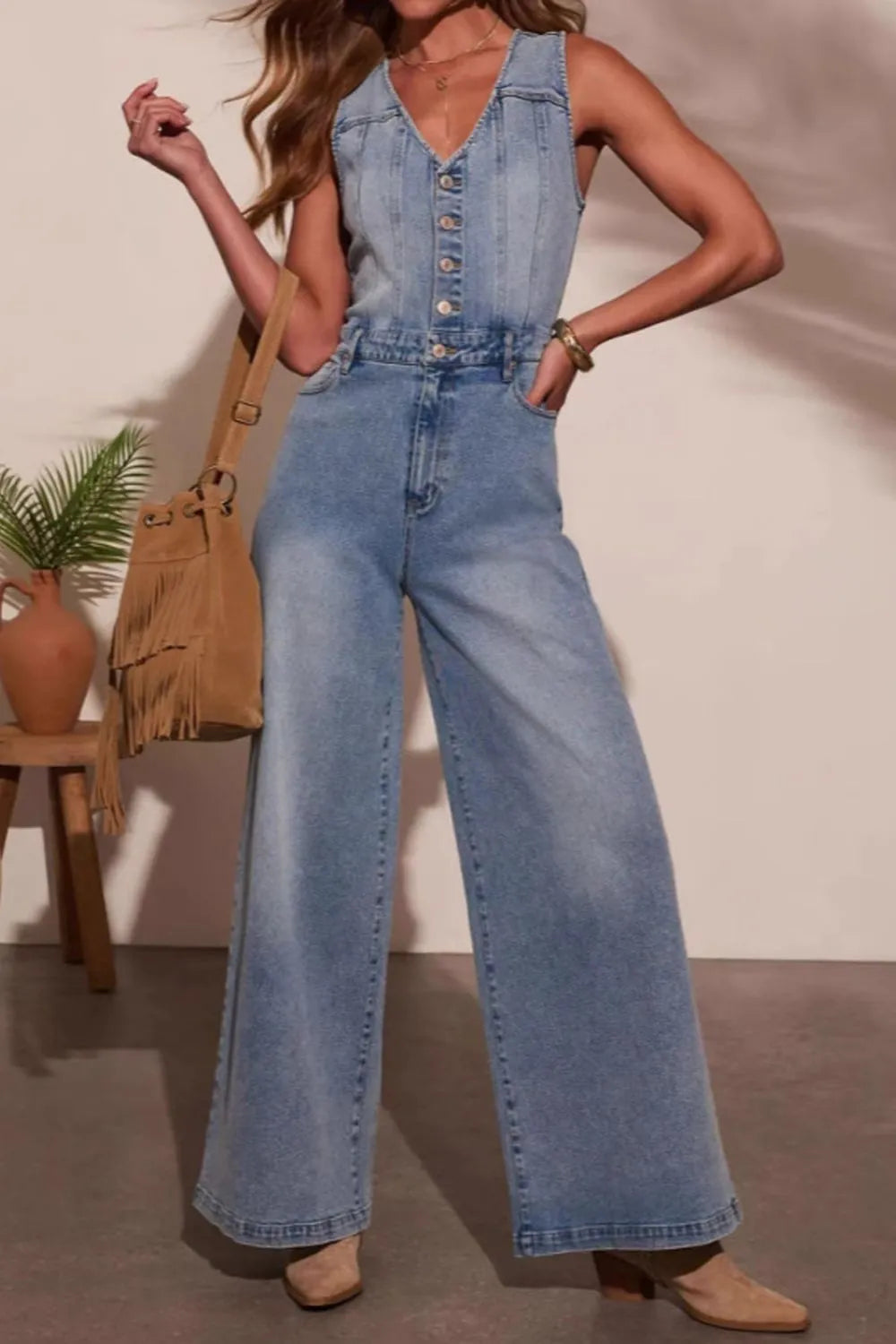 V-neck Wide Leg Denim Jumpsuit - Merit Sell