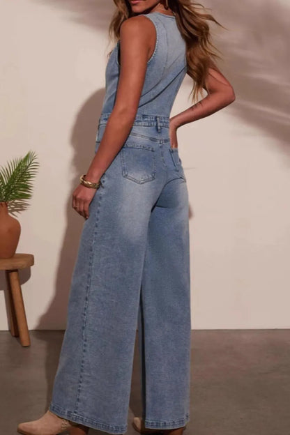 V-neck Wide Leg Denim Jumpsuit - Merit Sell